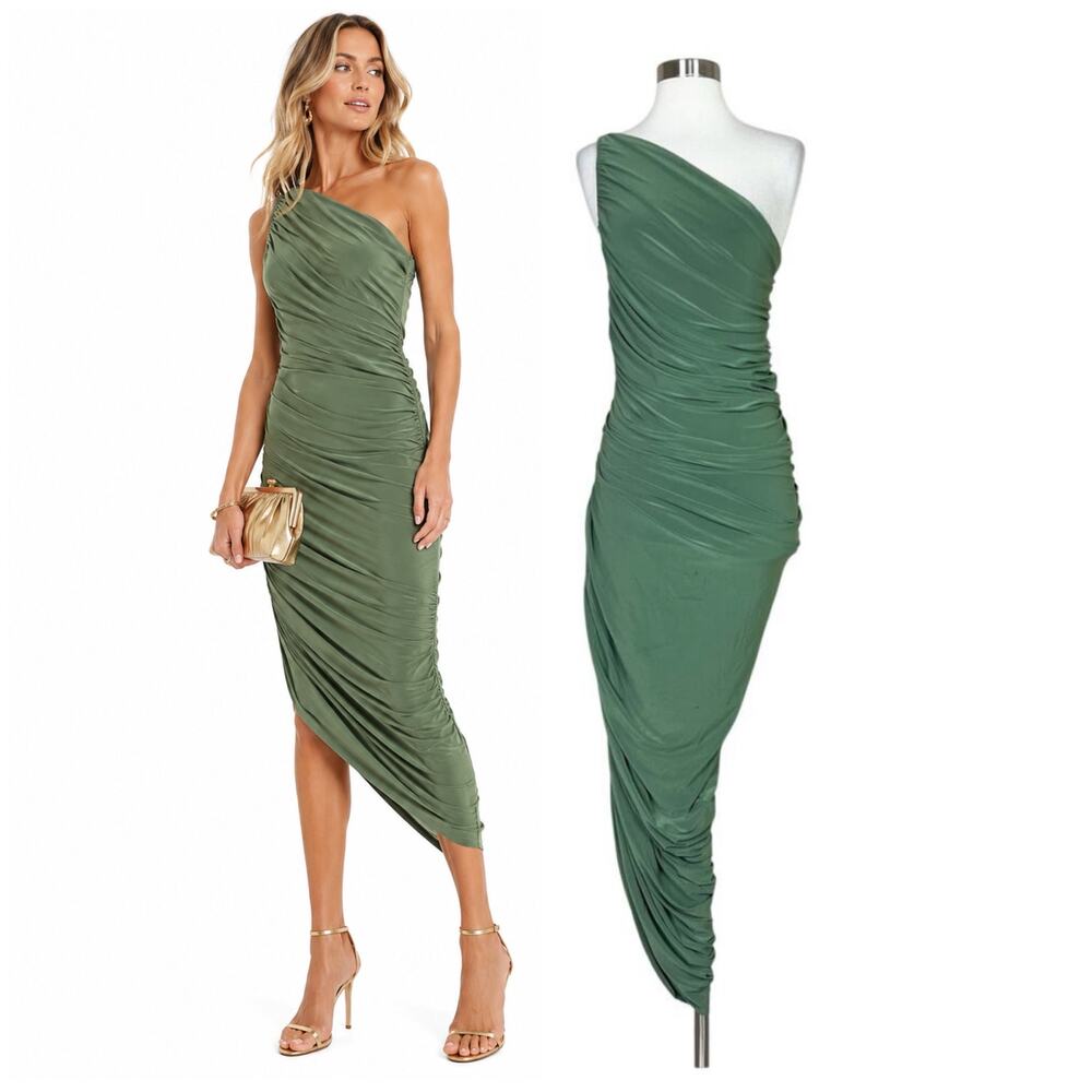 NEW Norma Kamali | Diana Celadon Green Ruched One Shoulder Designer Dress XS